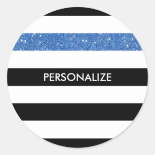 Adesivo Redondo Flores Negras Modernas FAUX Blue Glitz e Nome