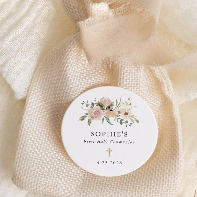 Adesivo Redondo Flores Neutrais Simples De Aquarelas Primeira Comu (Criador carregado)