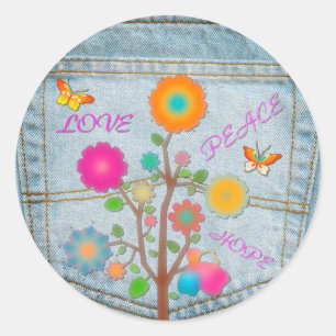Adesivo Redondo Flores no Bolso Traseiro de Jeans Paz Amor Esperan