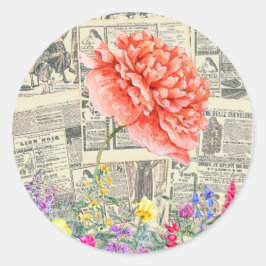 Adesivo Redondo Flores Orrange, Aquarela, Jornais Antigos