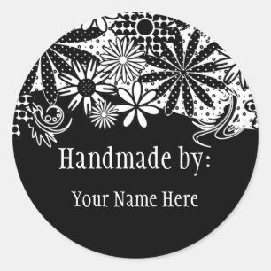 Adesivo Redondo Flores pontilhadas preto e branco Handmade pela