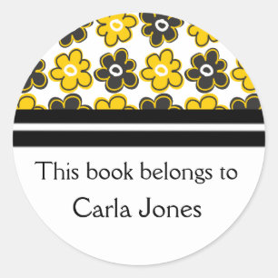 Adesivo Redondo Flores retros pretas do costume Bookplates Yellow