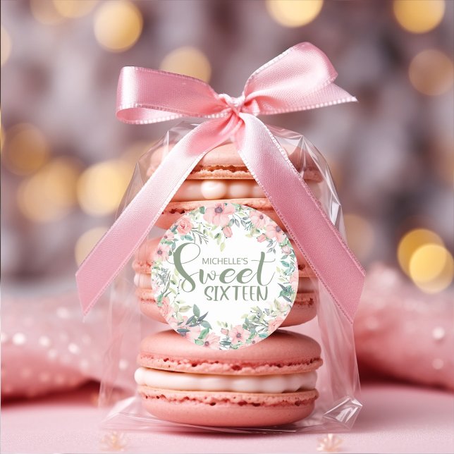 Adesivo Redondo Flores Rosa Bege Folhas Verde Sage Aniversário de  (Blush pink watercolor floral Sweet 16 party favor sticker )