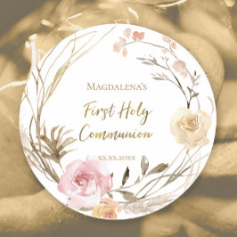 Adesivo Redondo flores rosa beges Primeira Comunhão Sagrada