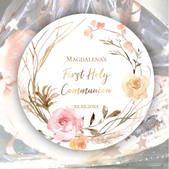 Adesivo Redondo flores rosa beges Primeira Comunhão Sagrada (Criador carregado)