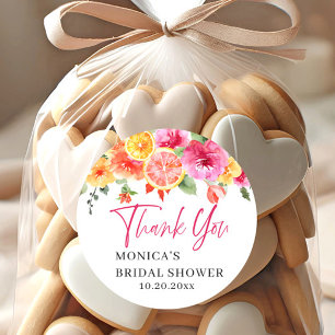 Adesivo Redondo Flores Rosa Brilhante Fatia de Citrino Chá de Noiv