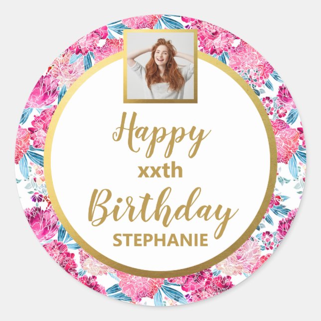 Adesivo Redondo Flores Rosa Charmosas, Foto Personalizada, Feliz A (Frente)