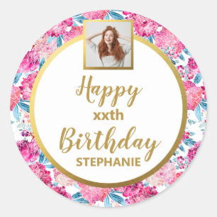 Adesivo Redondo Flores Rosa-Chic, Foto Personalizada, Feliz Aniver