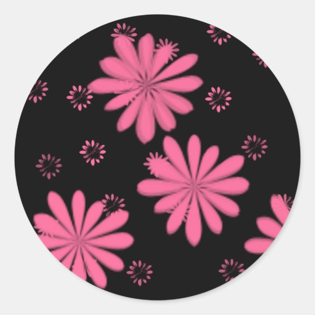 Adesivo Redondo Flores Rosa Com Fundo Preto (Frente)