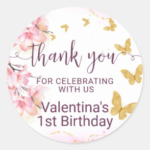 Adesivo Redondo Flores Rosa Douradas Borboletas Script Obrigado