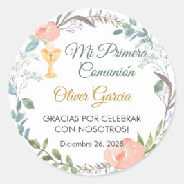 Adesivo Redondo Flores rosa e chalice - Primeira Comunhão