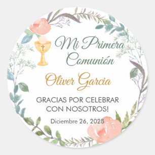 Adesivo Redondo Flores rosa e chalice - Primeira Comunhão