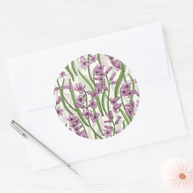 Adesivo Redondo Flores rosa Hyacinona em branco natural (Envelope)