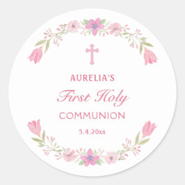 Adesivo Redondo Flores Rosa Primeira Comunhão