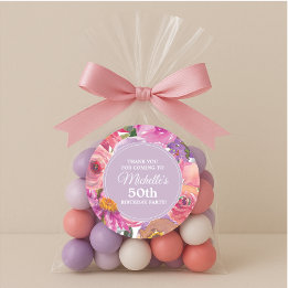 Adesivo Redondo Flores roxas rosa 50ª Festa de aniversário Obrigad