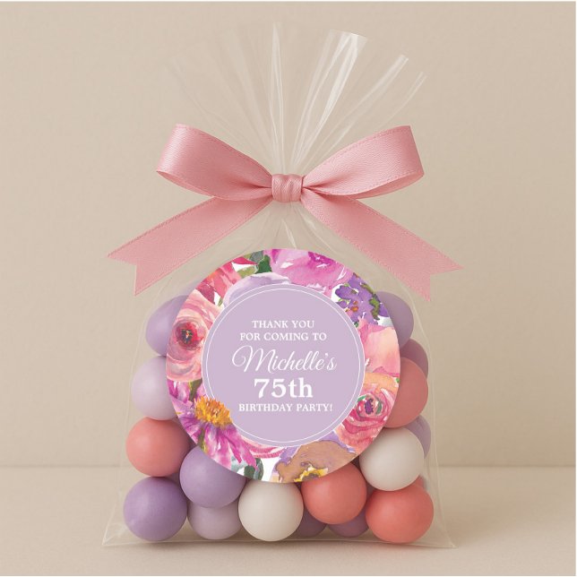 Adesivo Redondo Flores roxas rosa 75ª Festa de aniversário Obrigad (75th birthday thank you sticker)