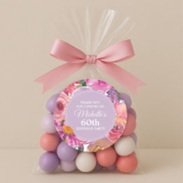 Adesivo Redondo Flores roxas roxas rosa 60ª Festa de aniversário