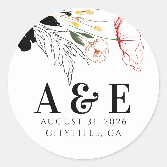 Adesivo Redondo Flores Selvagens Modernas Acentos Pretos do Boho (Frente)