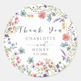 Adesivo Redondo Flores Selvagens Simples Casamento Floral Obrigado