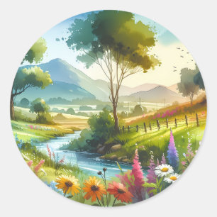 Adesivo Redondo Flores Silvestres e Córrego no Vale da Primavera