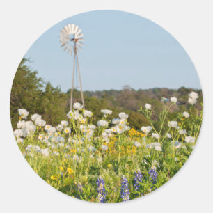 Adesivo Redondo Flores Silvestres e Moinho de Vento no Texas Hill