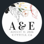 Adesivo Redondo Flores Silvestres Modernos com Acentos Pretos Boho<br><div class="desc">Adesivos de monograma de casamento vibrantes e coloridos de flores silvestres</div>