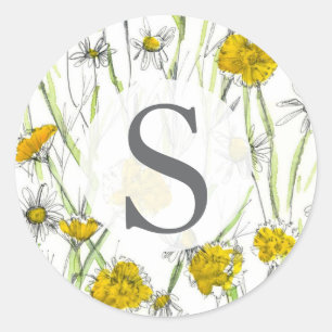 Adesivo Redondo Flores Silvestres Monograma Amarelo Aquarela