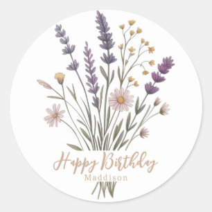 Adesivo Redondo Flores Silvestres Pastel Floral Feliz Aniversário