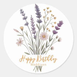 Adesivo Redondo Flores Silvestres Pastel Floral Feliz Aniversário