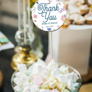 Adesivo Redondo Flores silvestres roxas e rosadas Obrigado casamen