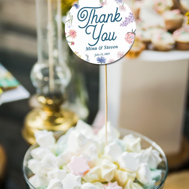 Adesivo Redondo Flores silvestres roxas e rosadas Obrigado casamen (Criador carregado)