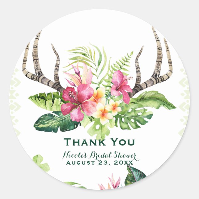 Adesivo Redondo Flores Tropicais Boho Antlers Rústicos Chá de Bebê (Frente)