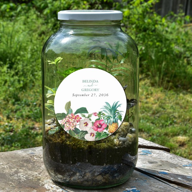 Adesivo Redondo Flores Tropicais De Cores Aquáticas E Casamento Ve (Tropical Watercolor Flowers & Greenery Wedding Classic Round Sticker)