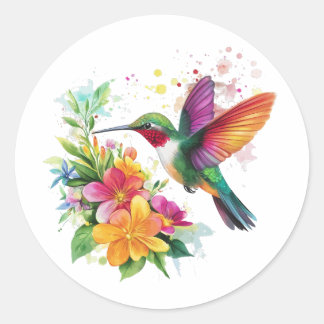 Adesivo Redondo Flores Tropicais De Hummingbird
