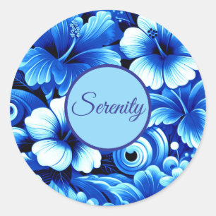 Adesivo Redondo Flores tropicais havaianas Hibiscus Cobalt Serenid