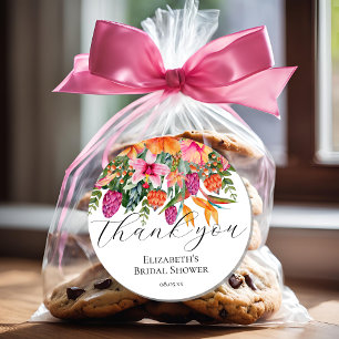 Adesivo Redondo Flores Tropicais Laranja Rosa Rótulo de Agradecime