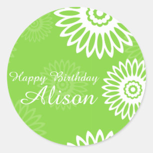 Adesivo Redondo Flores verdes de Verão Feliz Aniversário