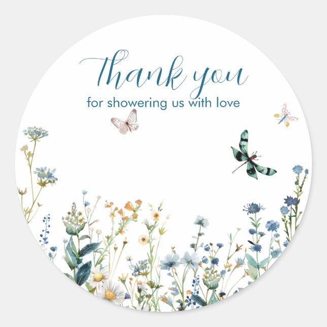 Adesivo Redondo Flores verdes e azuis obrigado você (Frente)