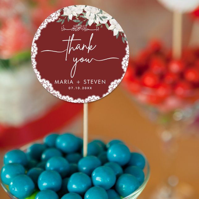 Adesivo Redondo Flores vermelhas e casamento muçulmano de rendas (Criador carregado)