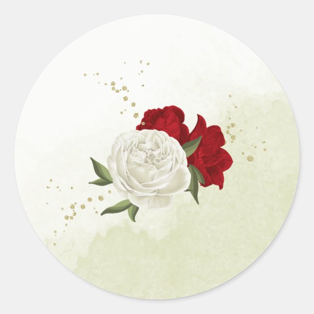 Adesivo Redondo flores vermelhas folhas verdes casamento (Frente)