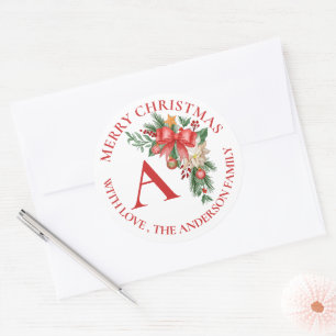Adesivo Redondo Flores Vermelhas Frutas Monograma Feliz Natal