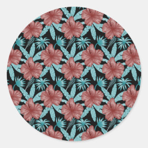 Adesivo Redondo Flores vermelhas padrão uniforme tropical folhas &