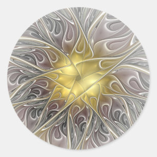 Adesivo Redondo Florescer Com Flor Fractal Abstrata Moderna Dourad