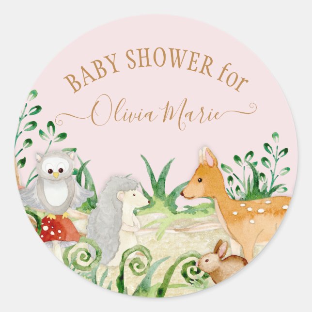 Adesivo Redondo Floresta de Animais Veado Rosa Raposa Coruja Folha (Frente)