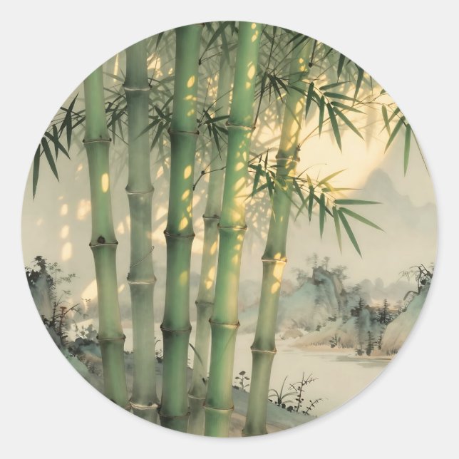 Adesivo Redondo Floresta de Bambu Verde Tinta Chinesa (Frente)