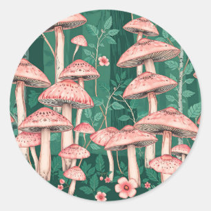 Adesivo Redondo Floresta de Cogumelos Rosa Padrão Woodland Naturec