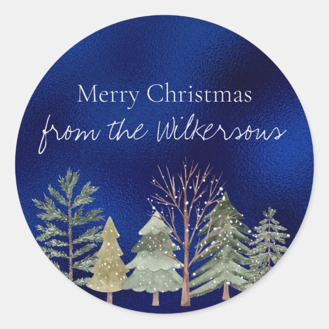 Adesivo Redondo Floresta de inverno com Aquarela em Árvores Noturn (Frente)
