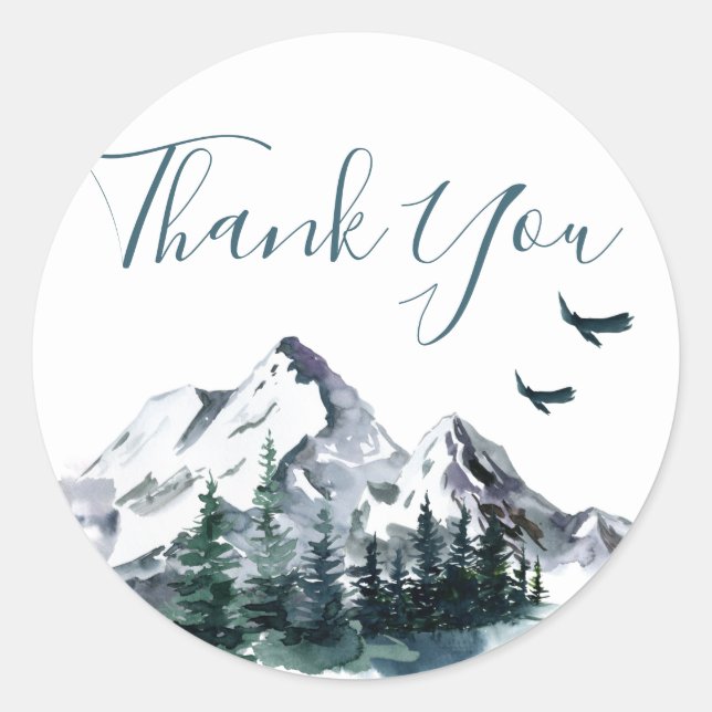 Adesivo Redondo Floresta De Montanhas De Aquarela Elegante Obrigad (Frente)