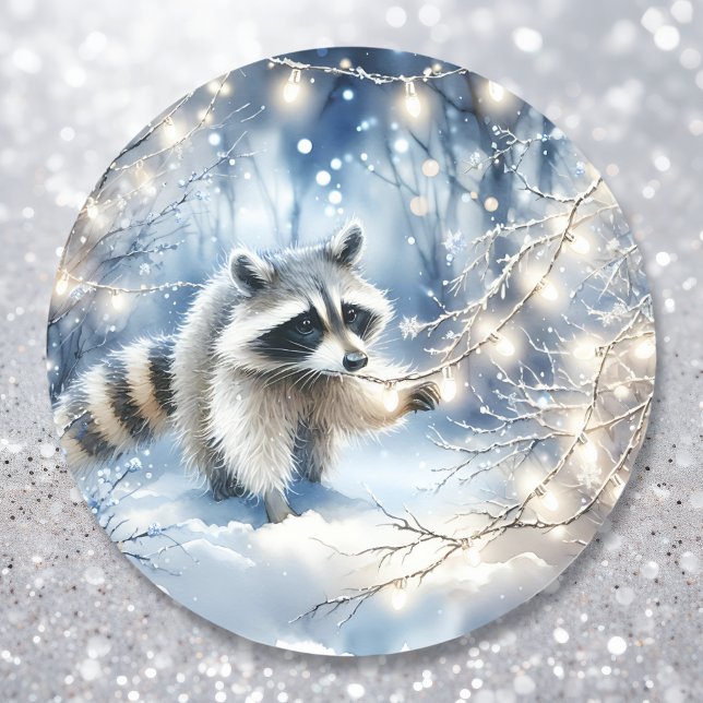 Adesivo Redondo Floresta de Natal Encantada com Racoon (Criador carregado)
