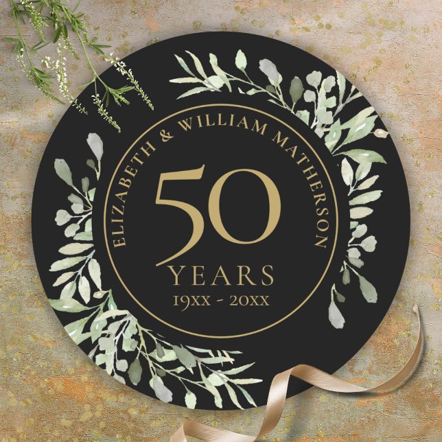 Adesivo Redondo Floresta Dourada Negra Greenery 50º aniversário (Black Gold Watercolour Greenery 50th Anniversary Classic Round Sticker)